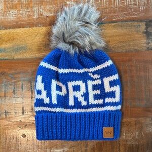 Blue and White Apres Pom Pom Beanie